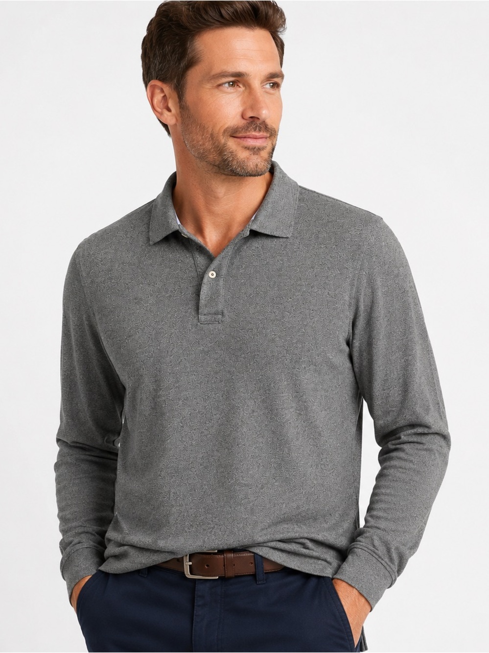 Lands’ End Traditional Fit Long Sleeve Polo Shirt Men’s Large 42–44 Gray Heather